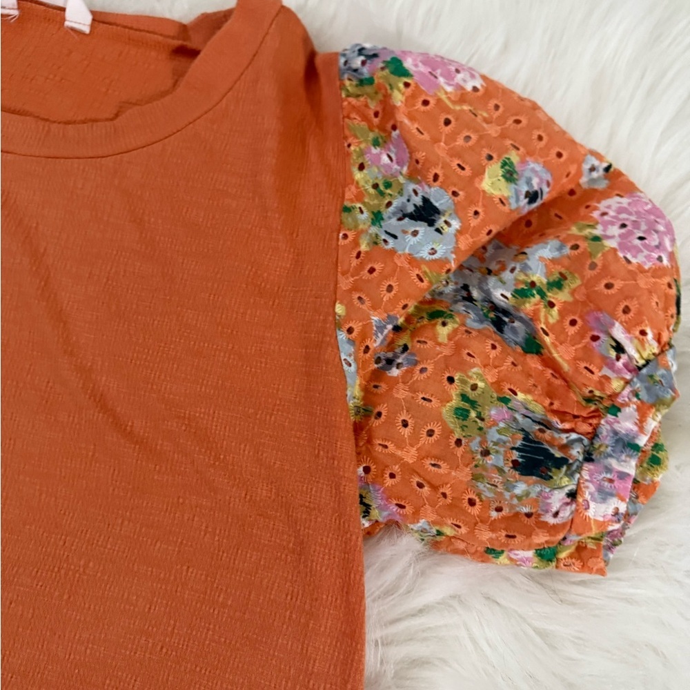 🎄LC Lauren Conrad Orange Floral Puff Sleeve Top - Picture 2 of 4